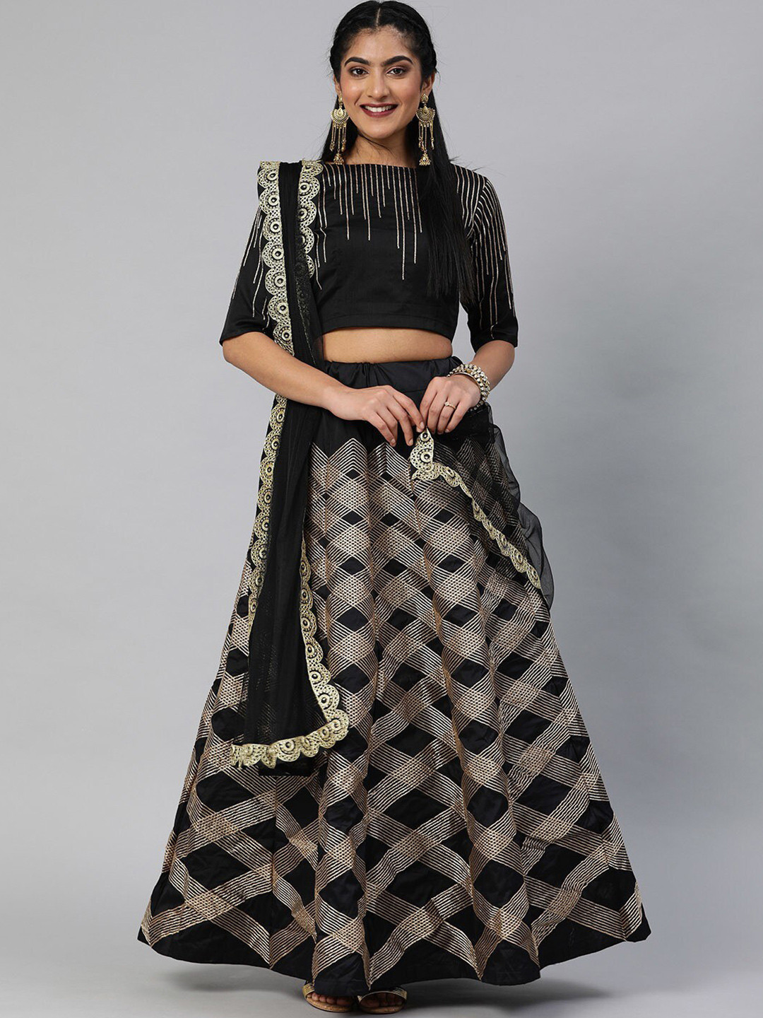 

Kedar Fab Embroidered Semi-Stitched Lehenga & Unstitched Blouse With Dupatta, Black