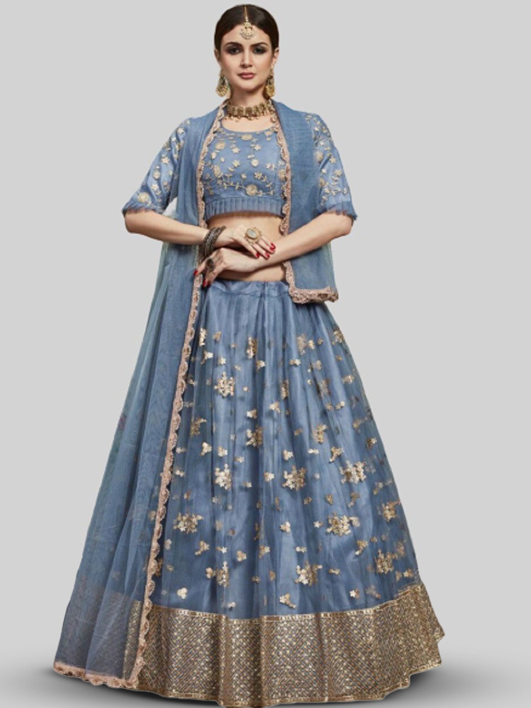 

Kedar Fab Embroidered Semi-Stitched Lehenga & Unstitched Blouse With Dupatta, Grey