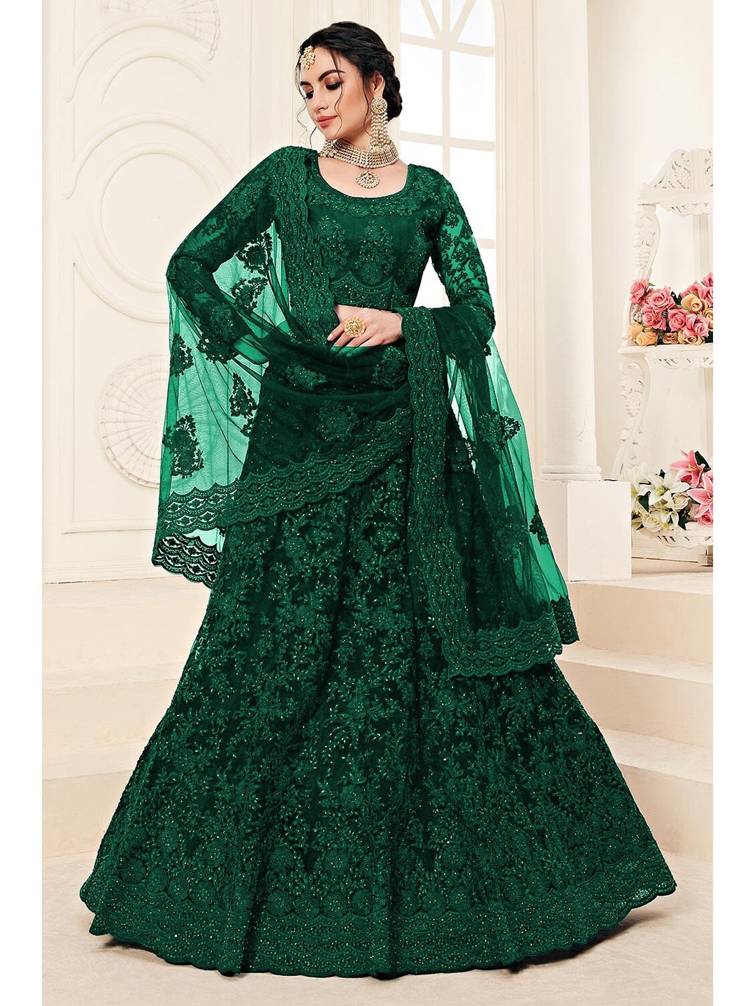 

Kedar Fab Thread Work Semi-Stitched Lehenga & Unstitched Blouse With Dupatta, Green