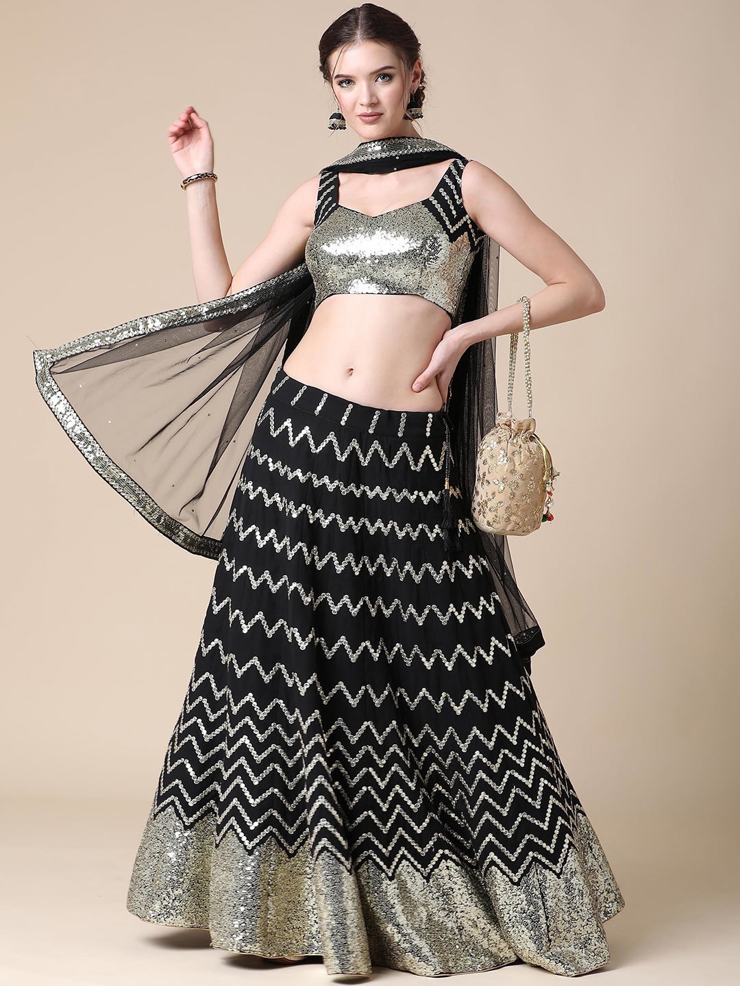 

Kedar Fab Embellished Sequinned Semi-Stitched Lehenga & Unstitched Blouse With Dupatta, Black