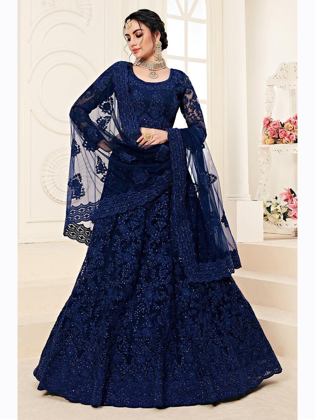 

Kedar Fab Thread Work Semi-Stitched Lehenga & Unstitched Blouse With Dupatta, Navy blue