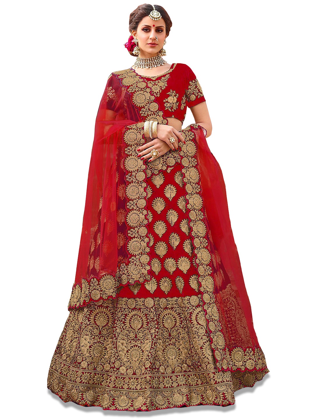 

Kedar Fab Embroidered Semi-Stitched Lehenga & Unstitched Blouse With Dupatta, Red