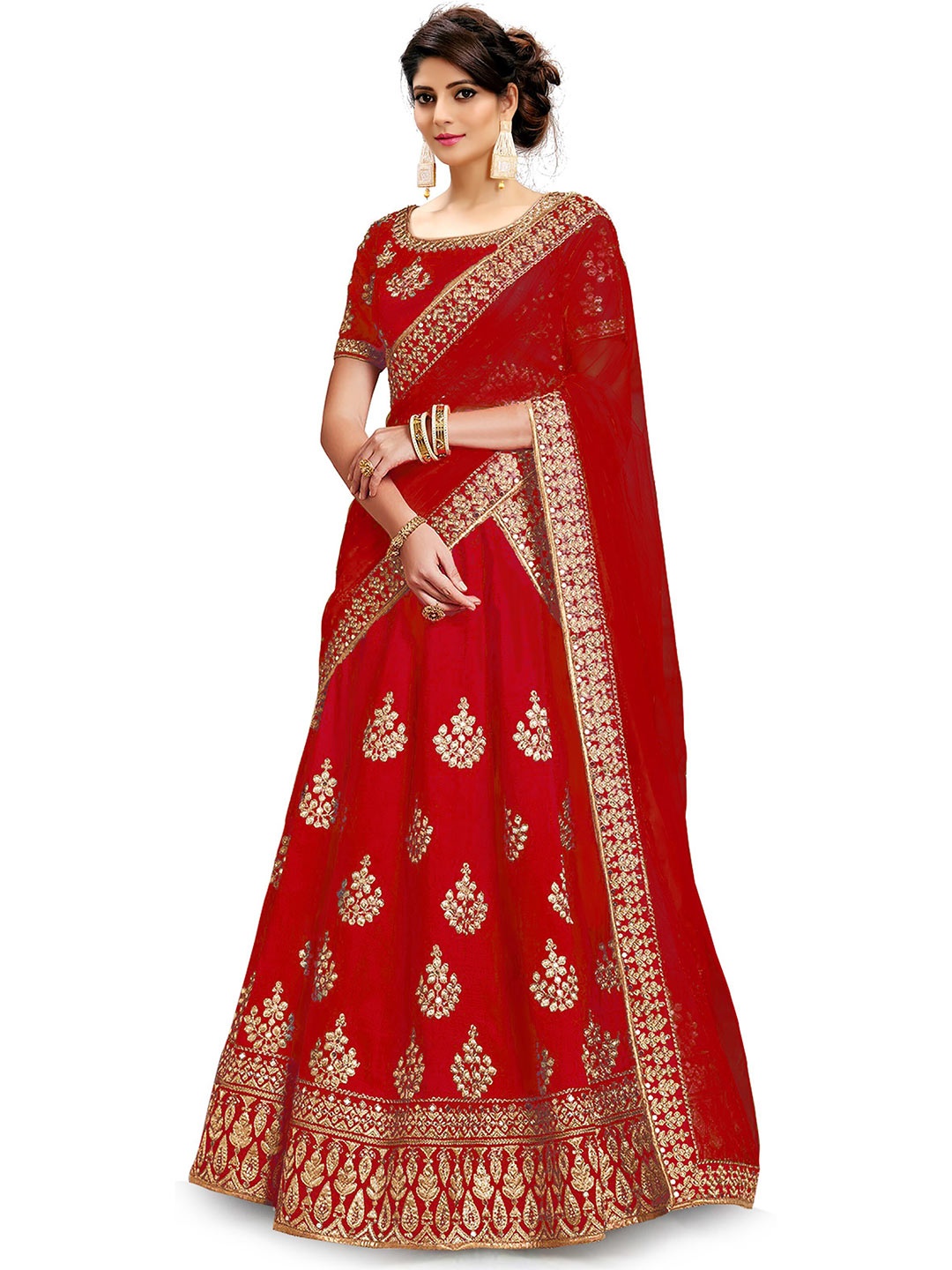 

Kedar Fab Embroidered Semi-Stitched Lehenga & Unstitched Blouse With Dupatta, Red