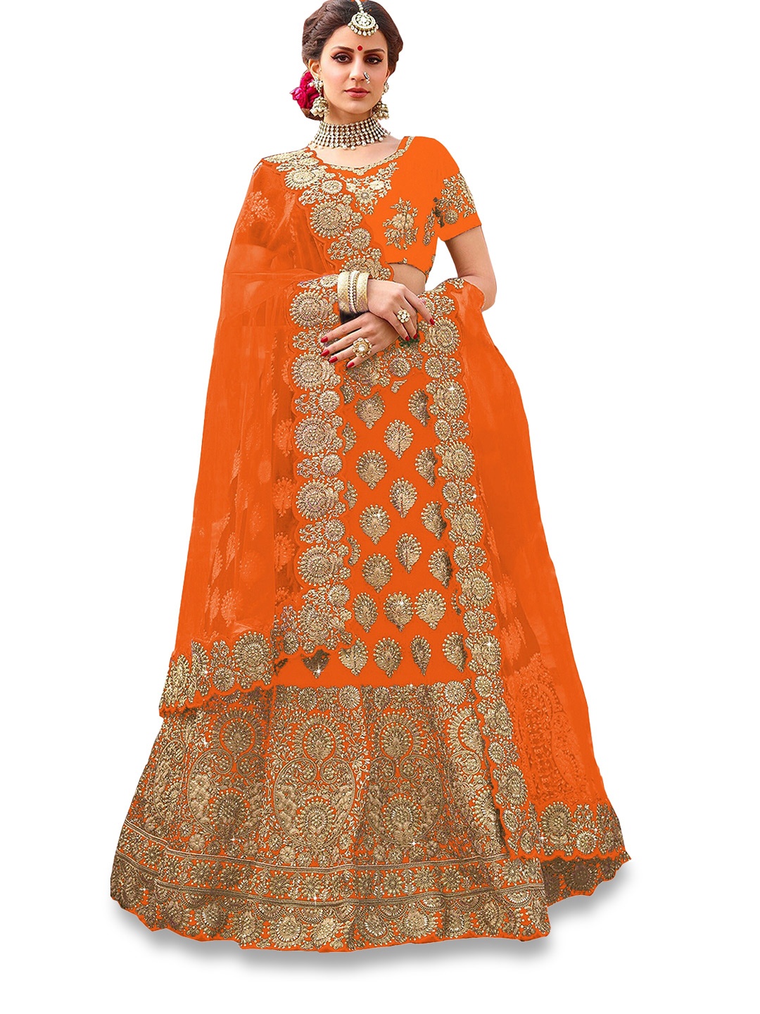 

Kedar Fab Ethnic Motifs Embroidered Semi-Stitched Lehenga & Unstitched Blouse With Dupatta, Orange