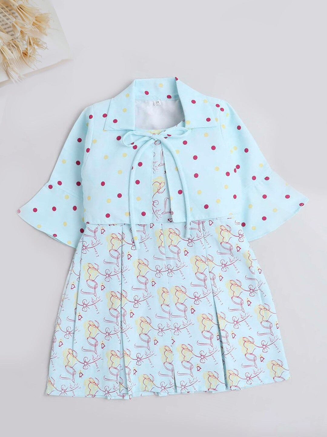 

The Magic Wand Girls Typography Printed Pleated Fit & Flare Dress With Jacket, Turquoise blue