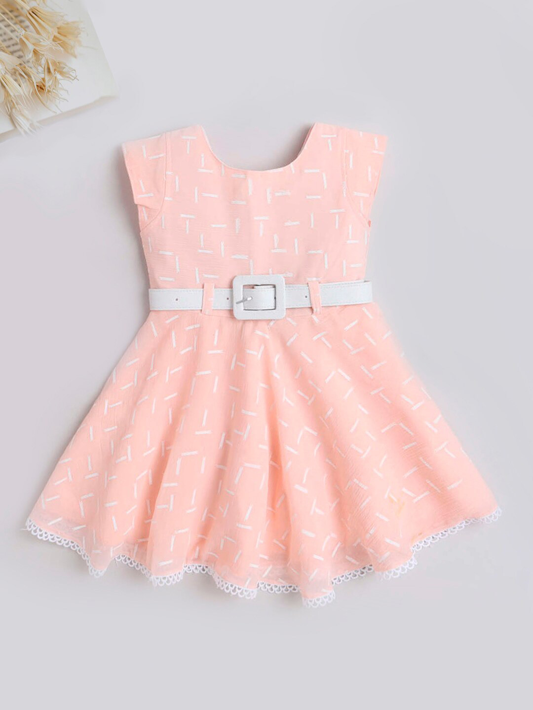 

The Magic Wand Girls Geometric Printed Fit & Flare Dress Comes With Belt, Peach
