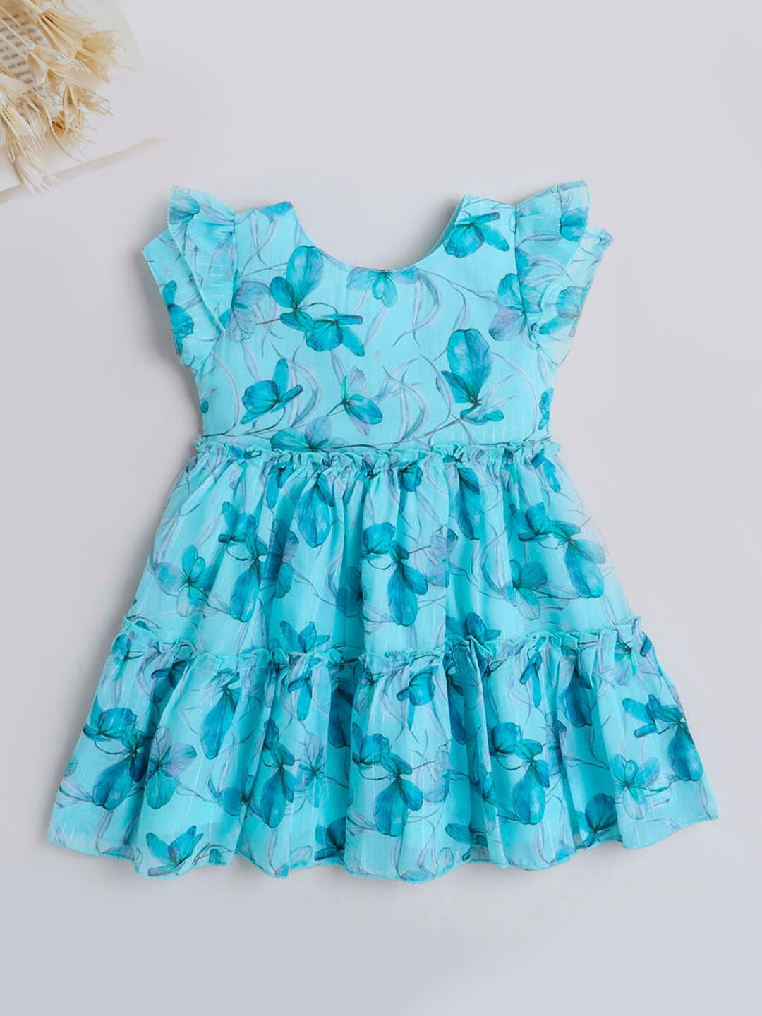 

The Magic Wand Girls Floral Printed Flutter Sleeves Fit & Flare Dress, Blue