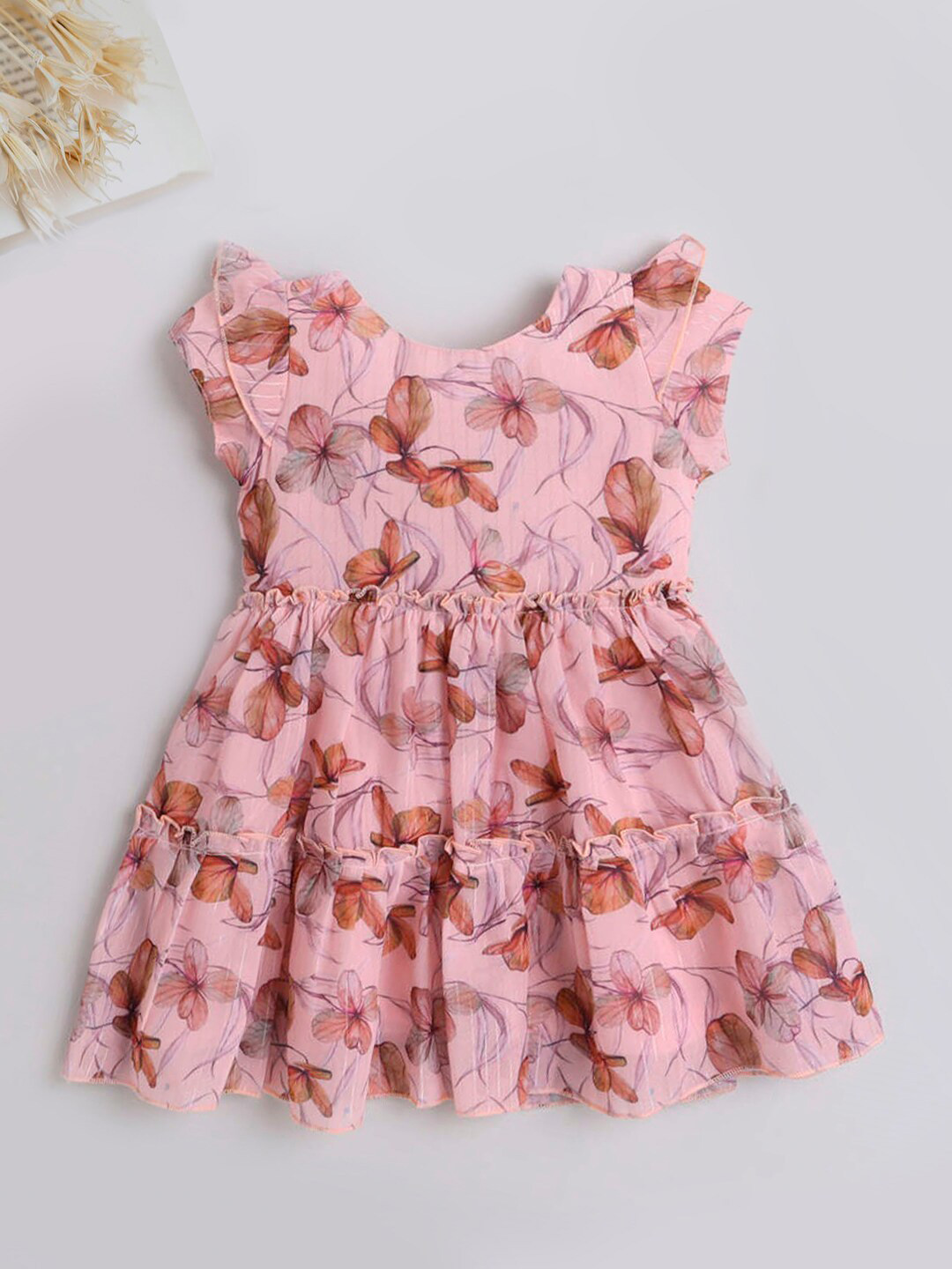 

The Magic Wand Floral Printed Flutter Sleeve Tiered Fit & Flare Dress, Peach