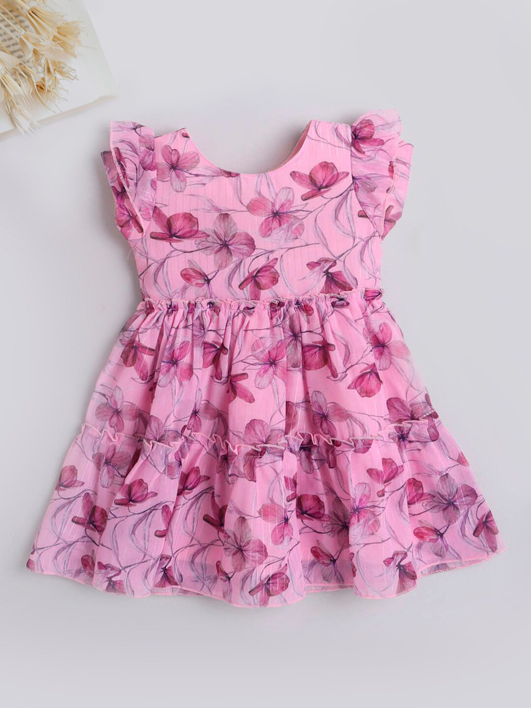 

The Magic Wand Girls Floral Printed Flutter Sleeve A-line Dress, Pink