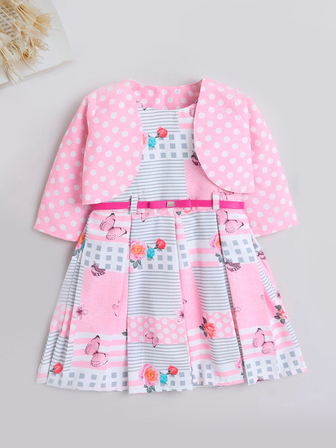 

The Magic Wand Girls Floral Printed Fit & Flare Dress Comes With Coat, Pink