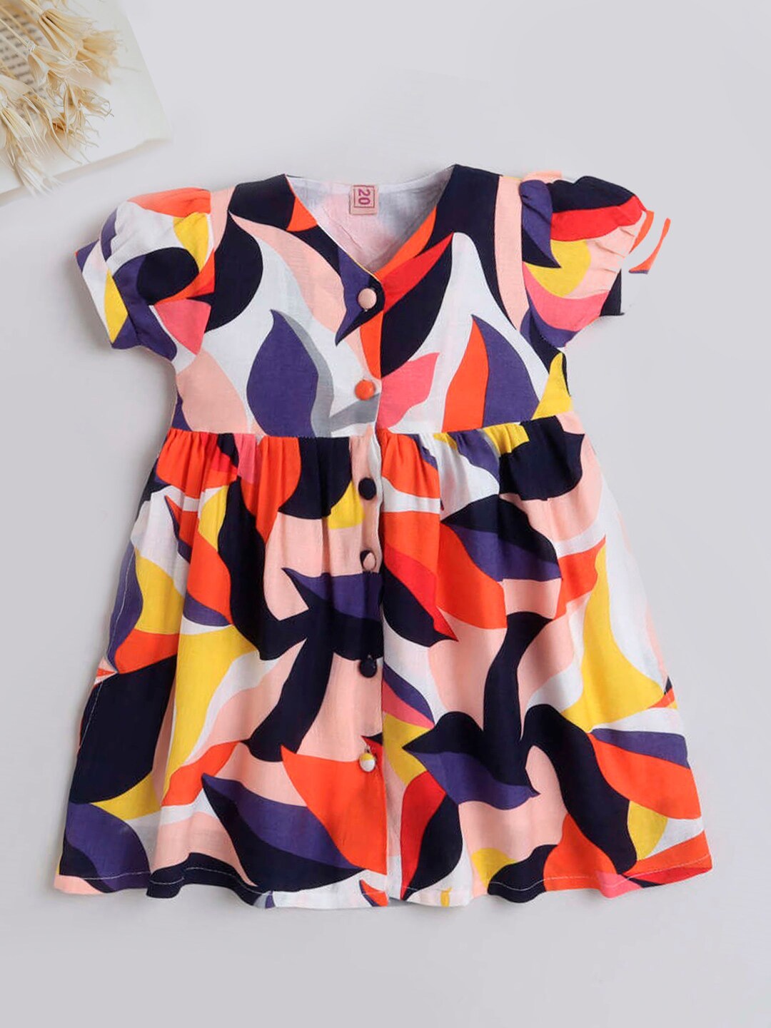 

The Magic Wand Girls Abstract Printed Puff Sleeves Cotton Fit & Flare Dress, Orange