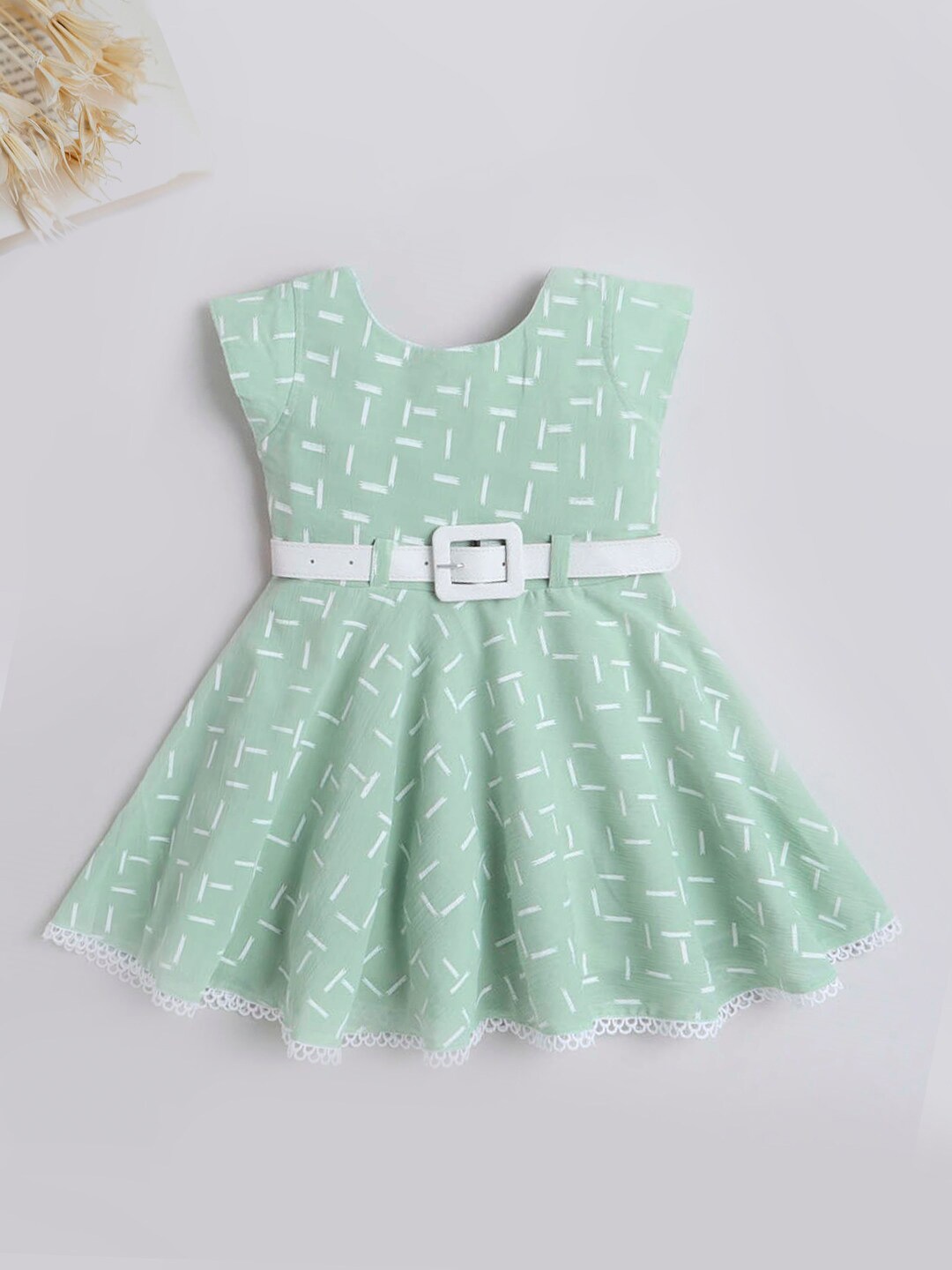 

The Magic Wand Girls Geometric Printed Fit & Flare Dress Comes With Belt, Green
