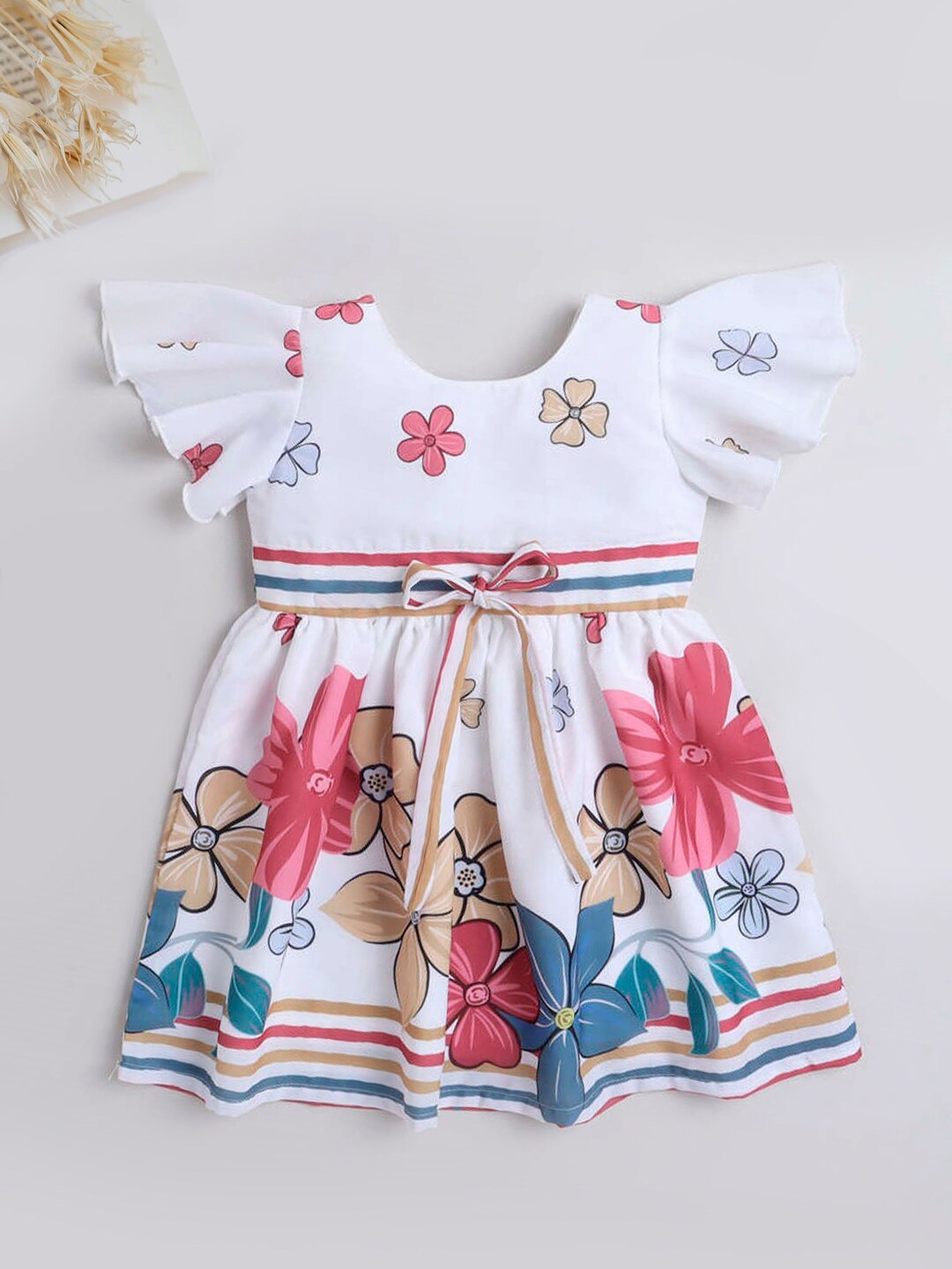 

The Magic Wand Girls Floral Printed Tie Up Fit & Flare Dress, White
