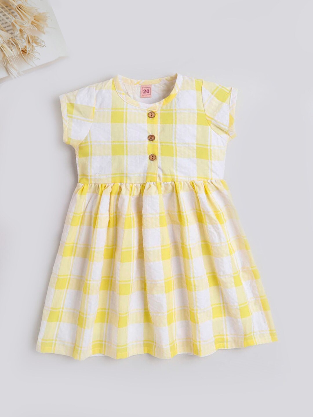 

The Magic Wand Girls Checked Flutter Sleeve Fit & Flare Dress, Yellow