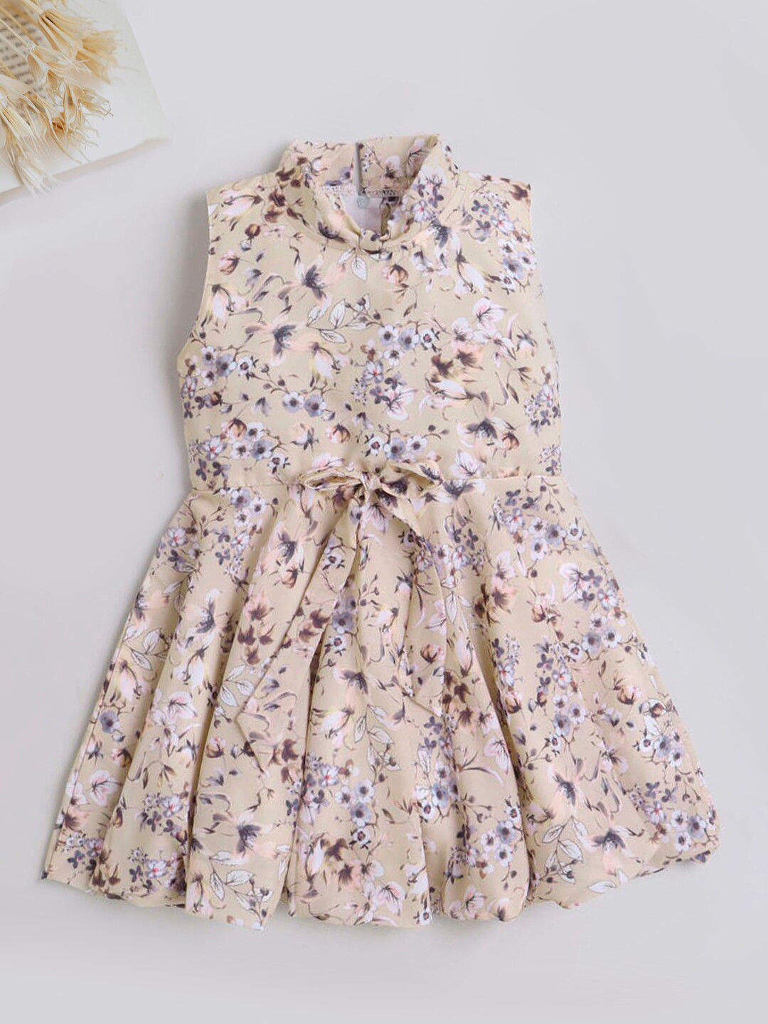 

The Magic Wand Girls Floral Printed Sleeveless High Neck Fit & Flare Dress, Beige