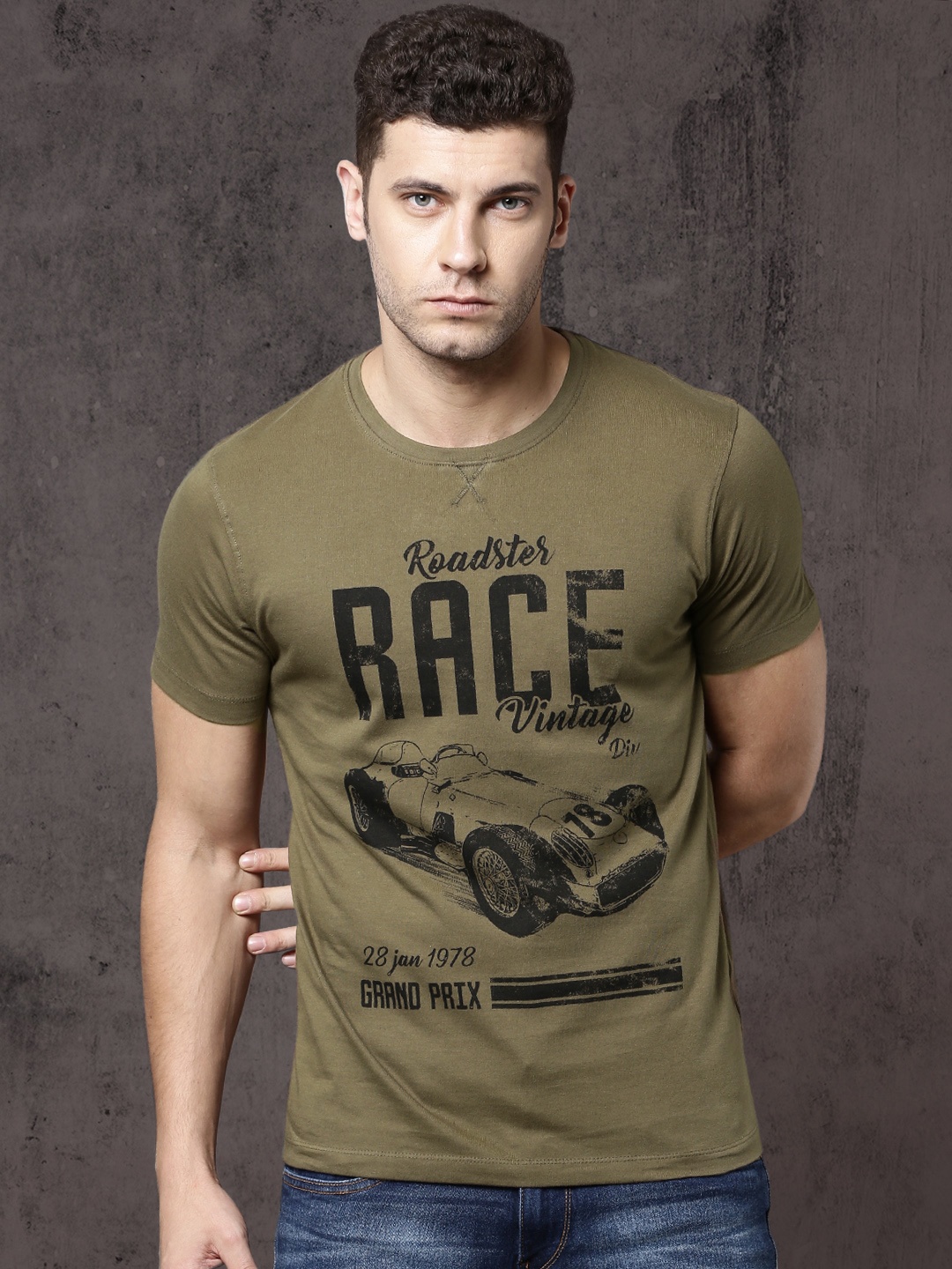 

Roadster Men Olive Green Printed Round Neck Pure Cotton T-shirt