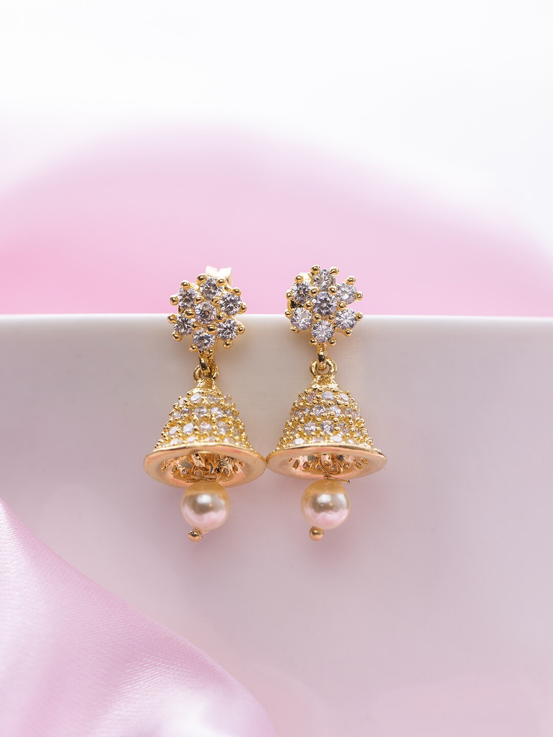 

Zavya 925 Pure Silver Gold-Plated Pearl Triangular Jhumkas