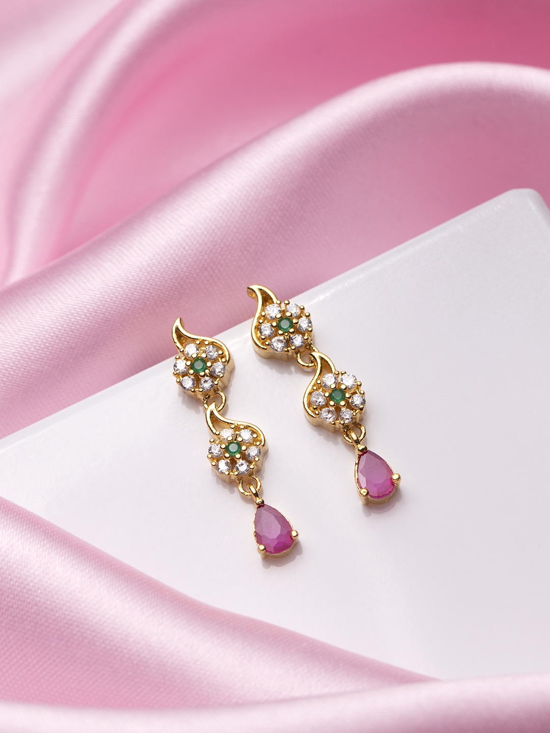 

Zavya 925 Pure Silver Cubic Zirconia Gold-Plated Floral Drop Earrings