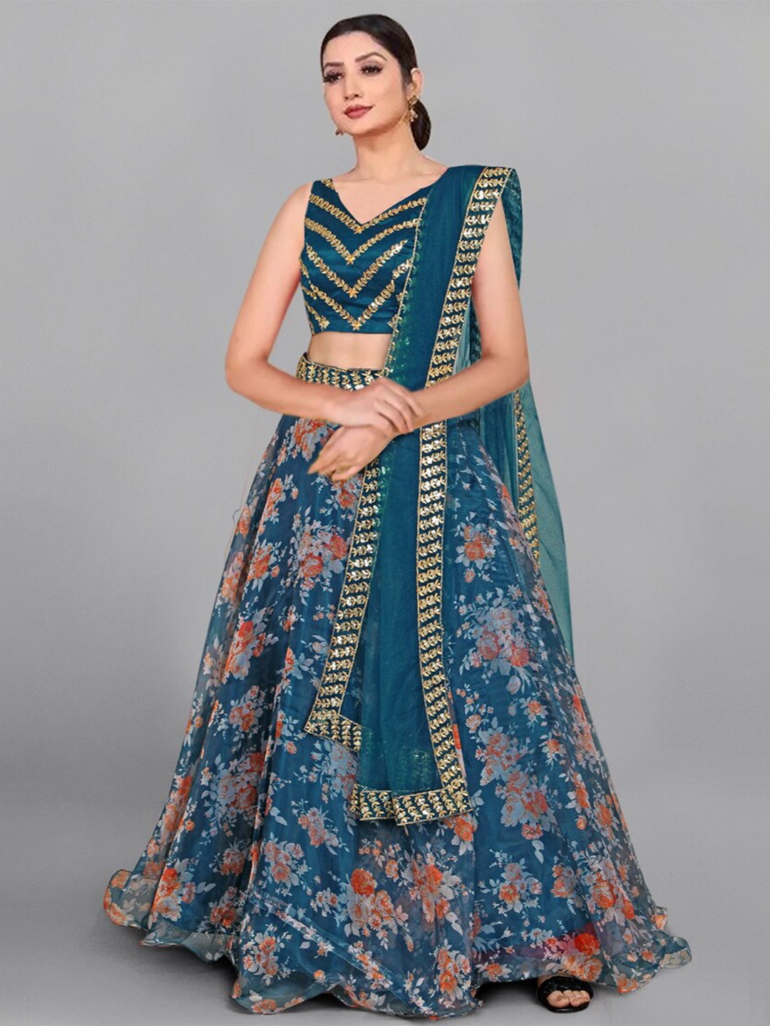 

Kedar Fab Printed V-Neck Organza Semi-Stitched Lehenga & Unstitched Blouse With Dupatta, Blue