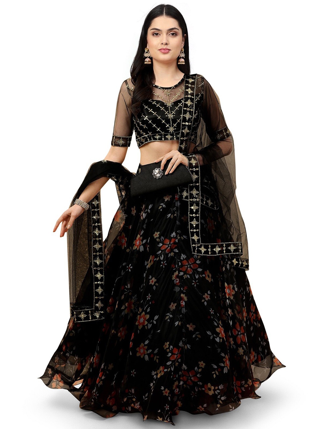 

Kedar Fab Printed Semi-Stitched Lehenga & Unstitched Blouse With Dupatta, Black