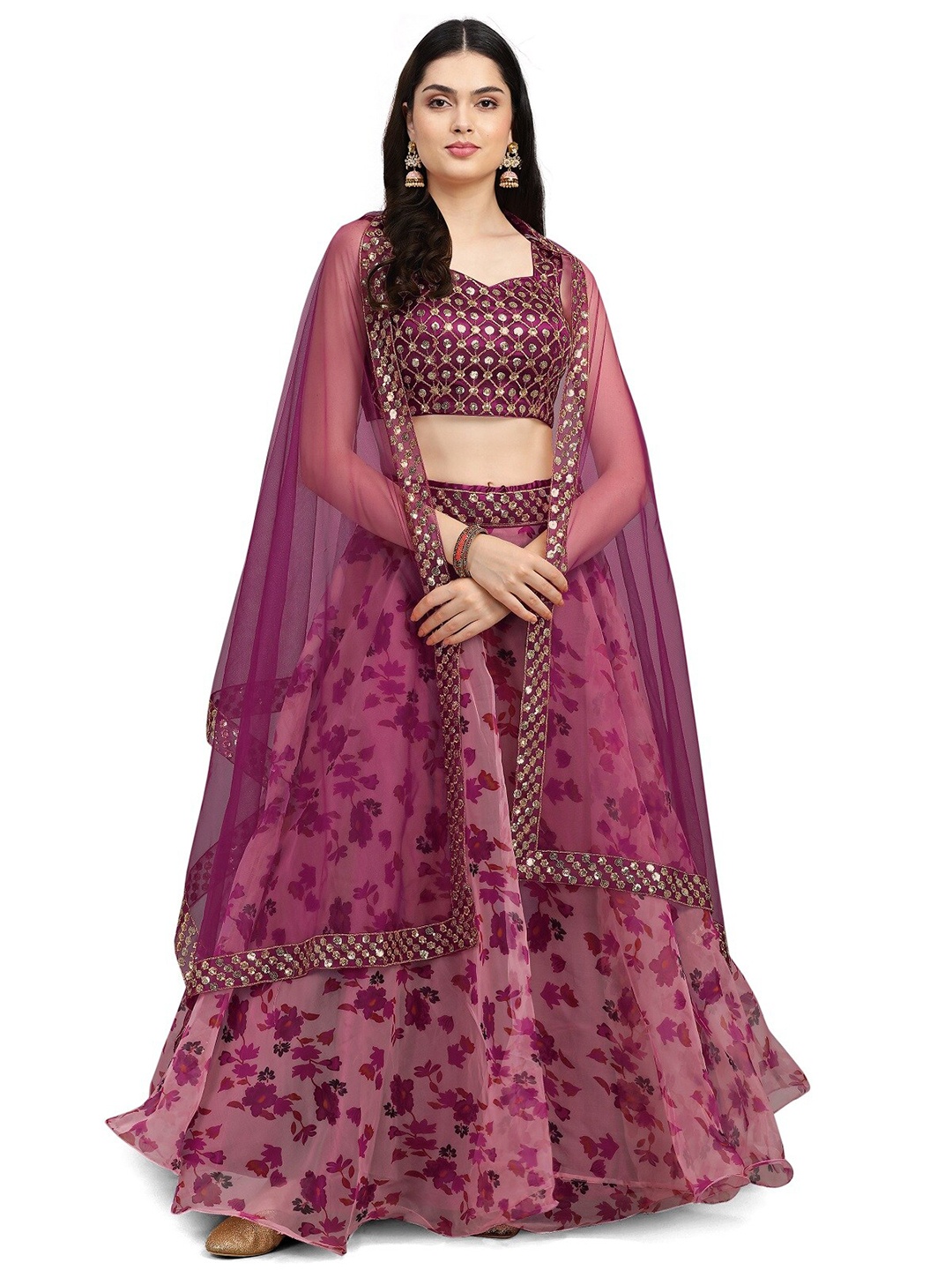 

Kedar Fab Printed Sequinned Semi-Stitched Lehenga & Unstitched Blouse With Dupatta, Pink