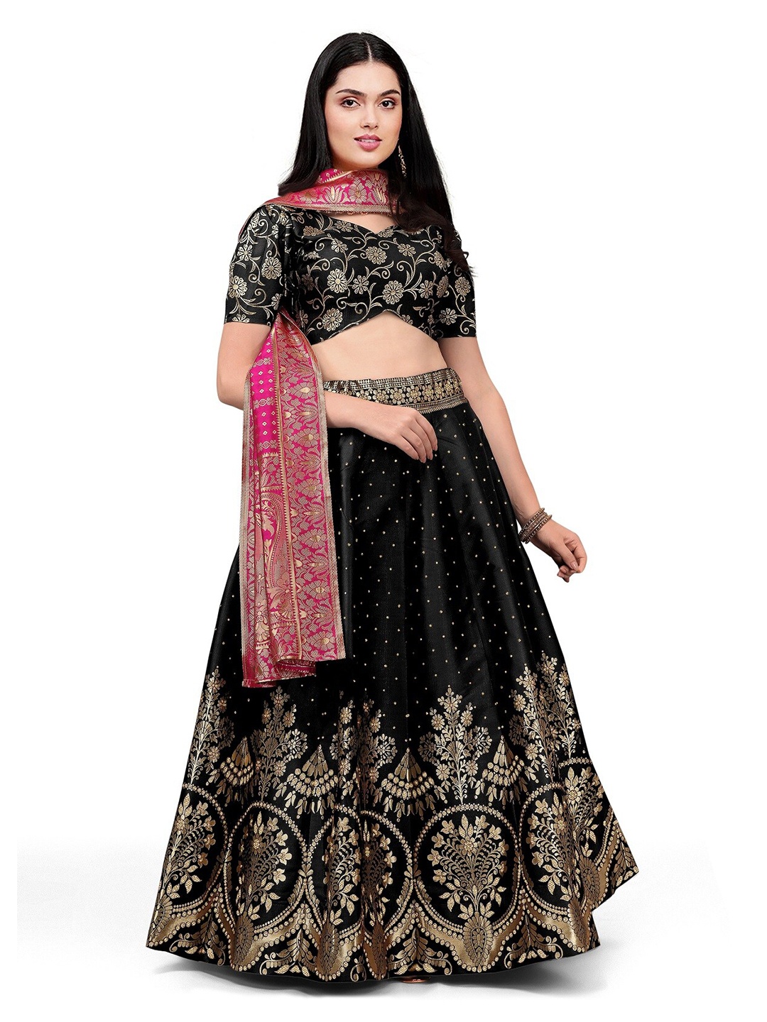 

Kedar Fab Woven Design Semi-Stitched Lehenga & Unstitched Blouse With Dupatta, Black