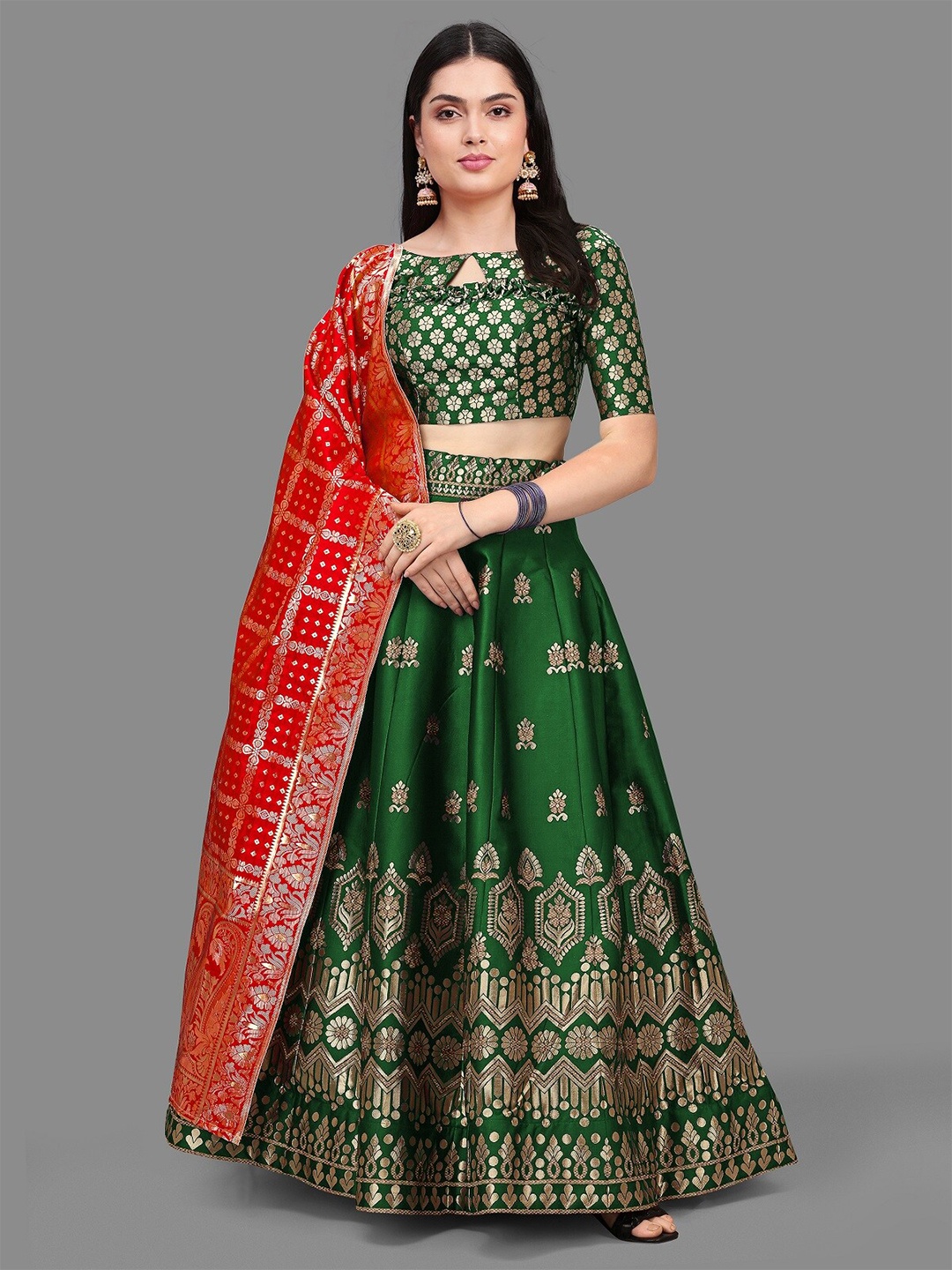 

Kedar Fab Woven Design Semi-Stitched Lehenga & Unstitched Blouse With Dupatta, Green