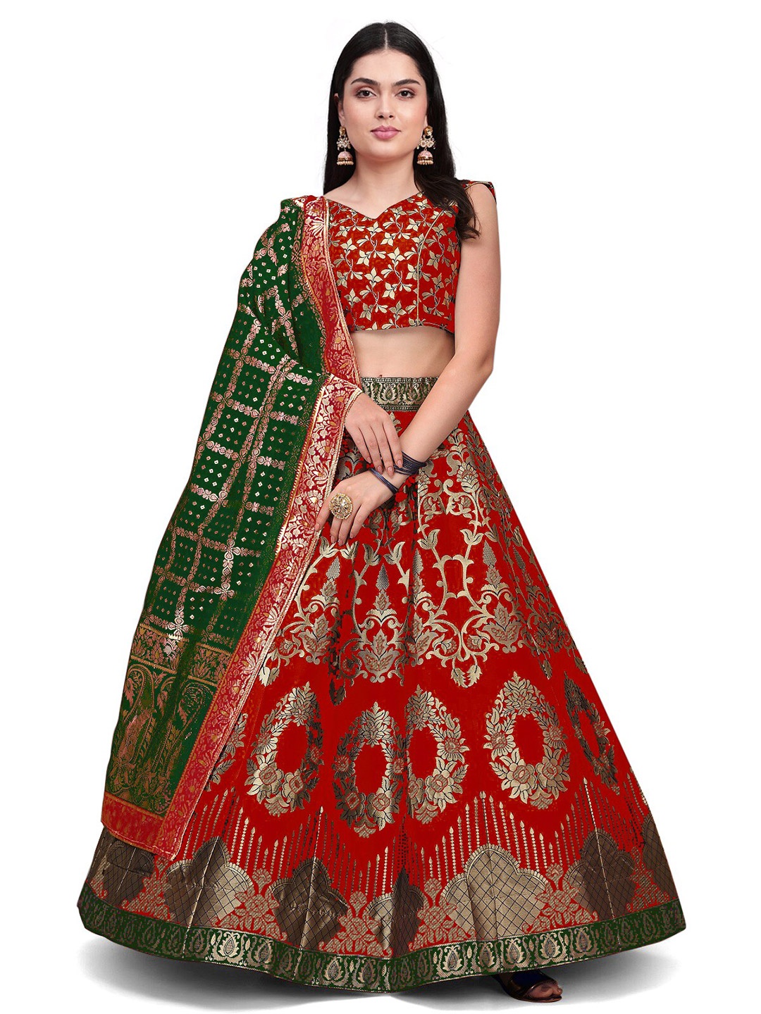 

Kedar Fab Woven Design Semi-Stitched Lehenga & Unstitched Blouse With Dupatta, Red