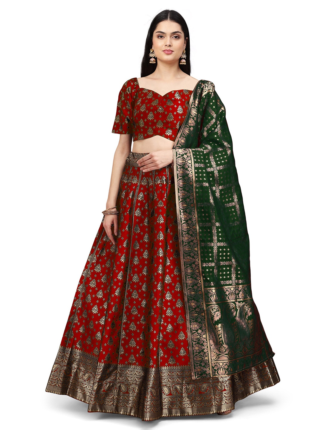 

Kedar Fab Woven Design Squire Neck Semi-Stitched Lehenga & Unstitched Blouse With Dupatta, Red