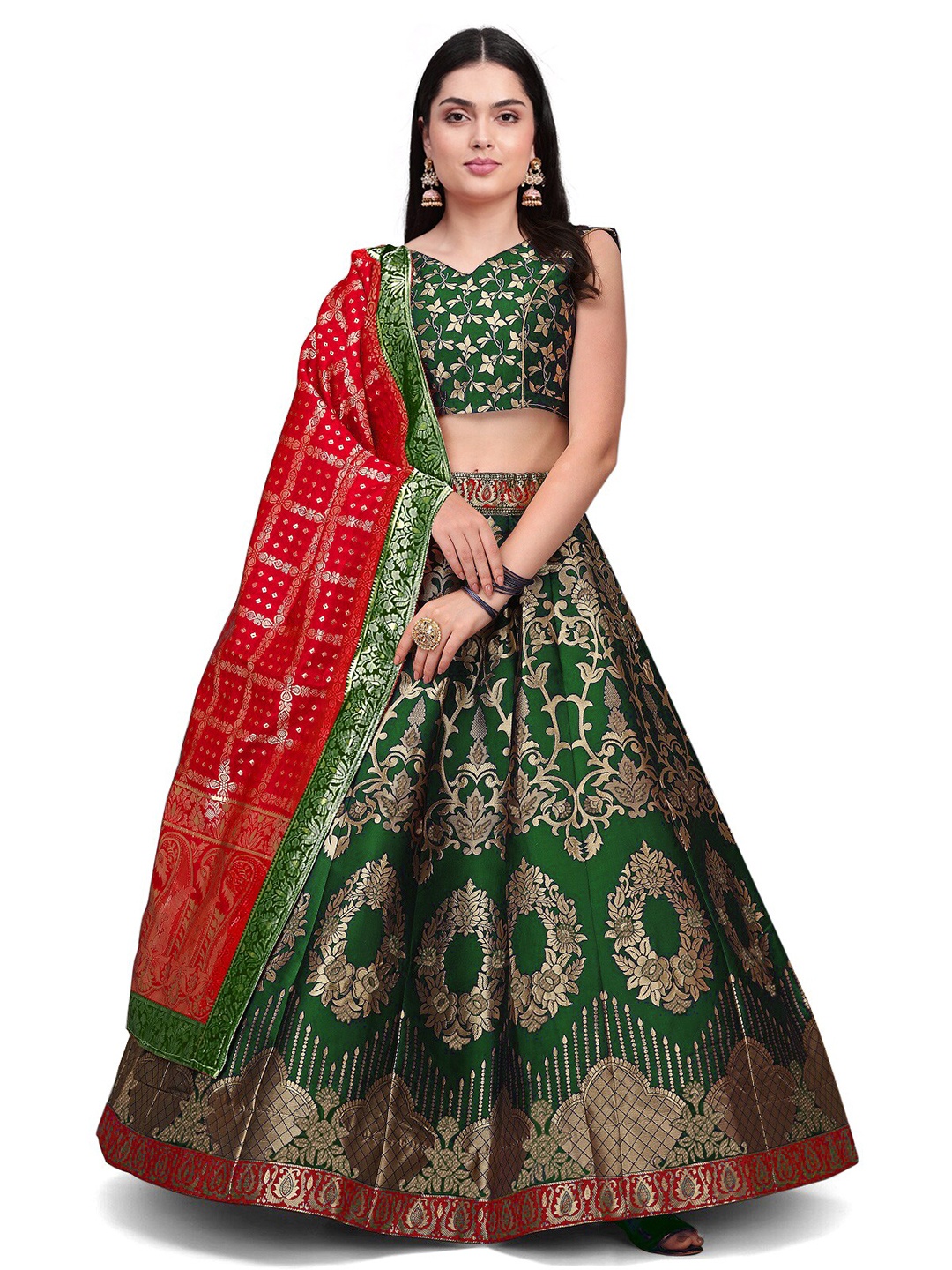 

Kedar Fab Woven Design V-Neck Semi-Stitched Lehenga & Unstitched Blouse With Dupatta, Green