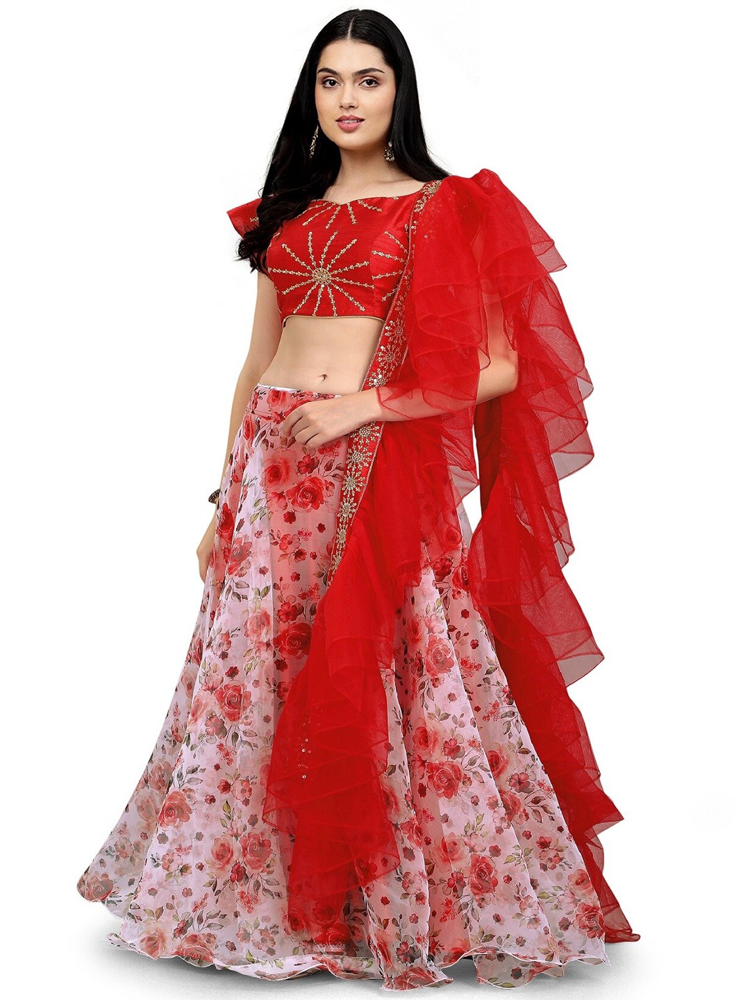 

Kedar Fab Floral Printed Semi-Stitched Lehenga & Unstitched Blouse With Dupatta, Red