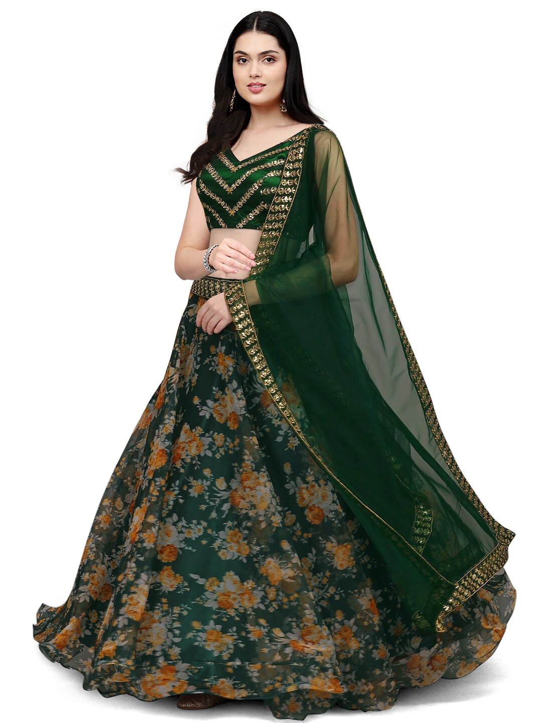 

Kedar Fab Floral Printed Semi-Stitched Lehenga & Unstitched Blouse With Dupatta, Green