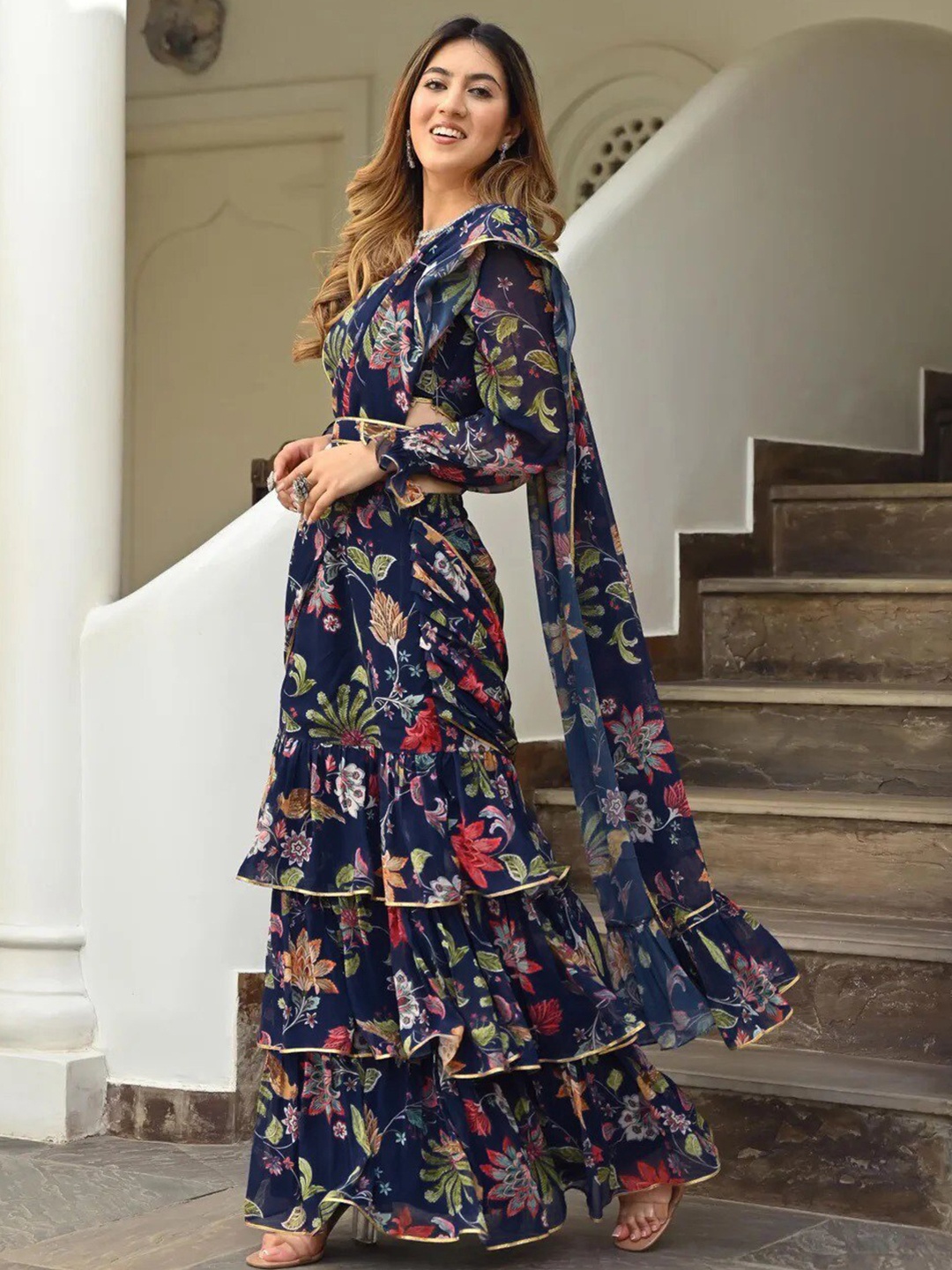 

Kedar Fab Printed Semi-Stitched Lehenga & Unstitched Blouse With Dupatta, Navy blue