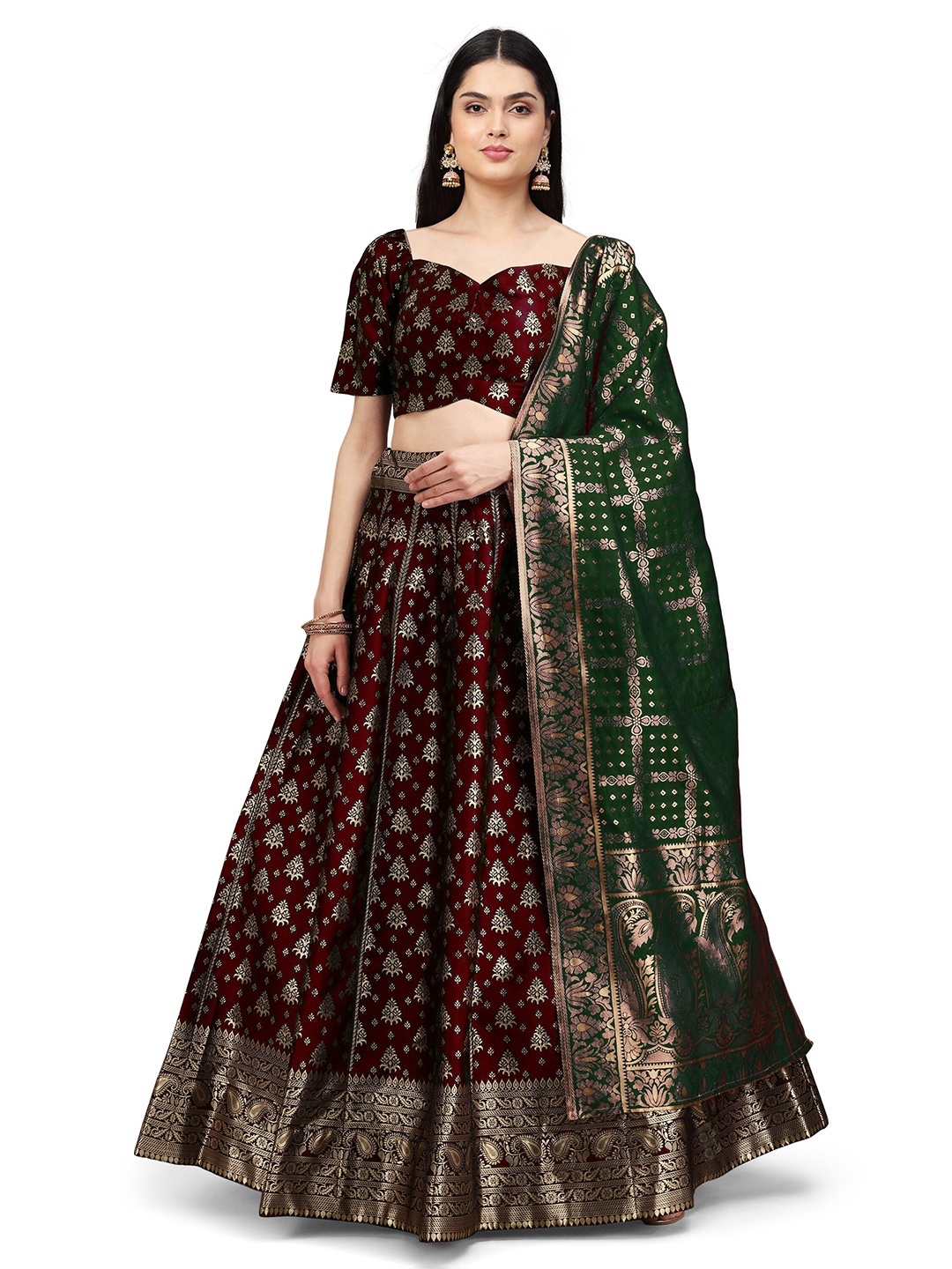 

Kedar Fab Woven Design Semi-Stitched Lehenga & Unstitched Blouse With Dupatta, Maroon