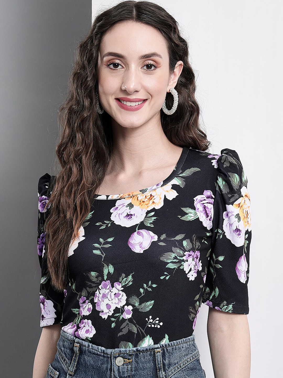 

BAESD Floral Printed Puff Sleeves Top, Black