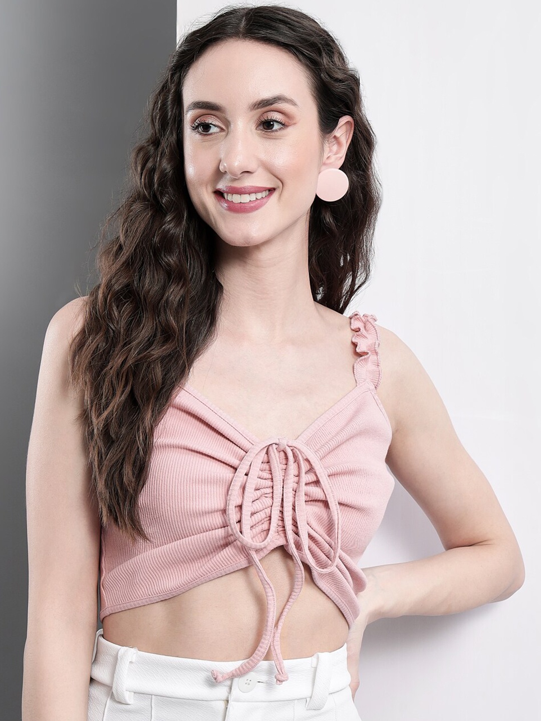 

BAESD Tie-Up Ruched Fitted Crop Top, Pink