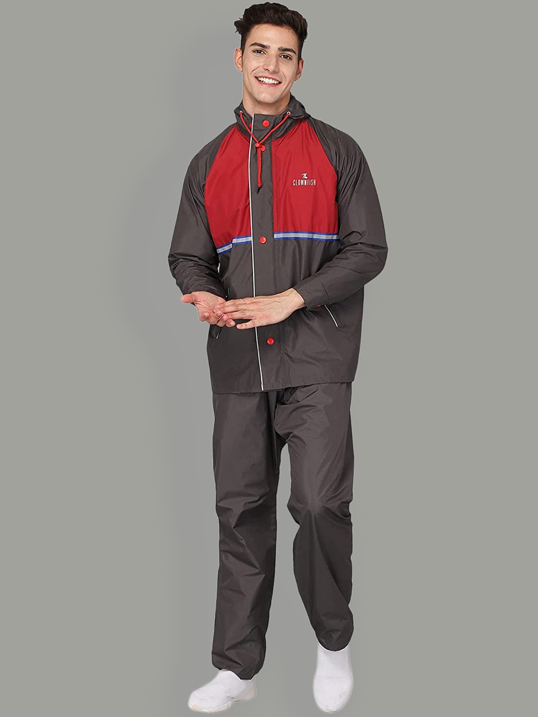 

THE CLOWNFISH Waterproof Double Coating Reversible Hooded Raincoat, Grey