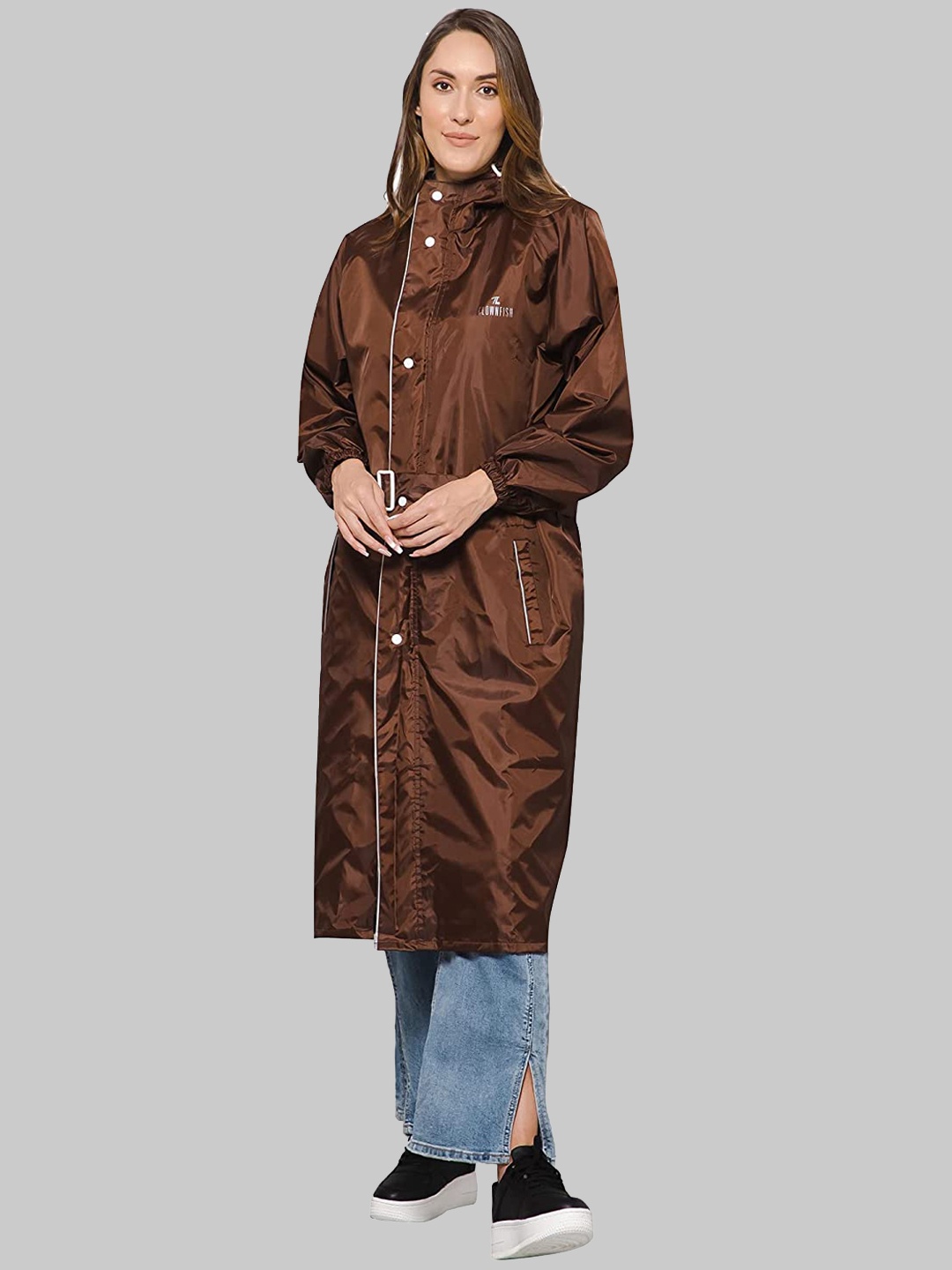 

THE CLOWNFISH Drizzle Diva Waterproof Reversible Double Layered Hooded Rain Suit, Brown