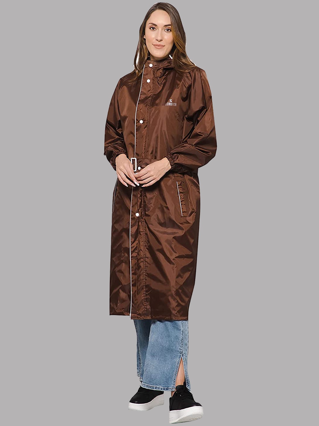 

THE CLOWNFISH Drizzle Diva Waterproof Polyester DoubleCoated Reversible Hooded Rain Jacket, Brown