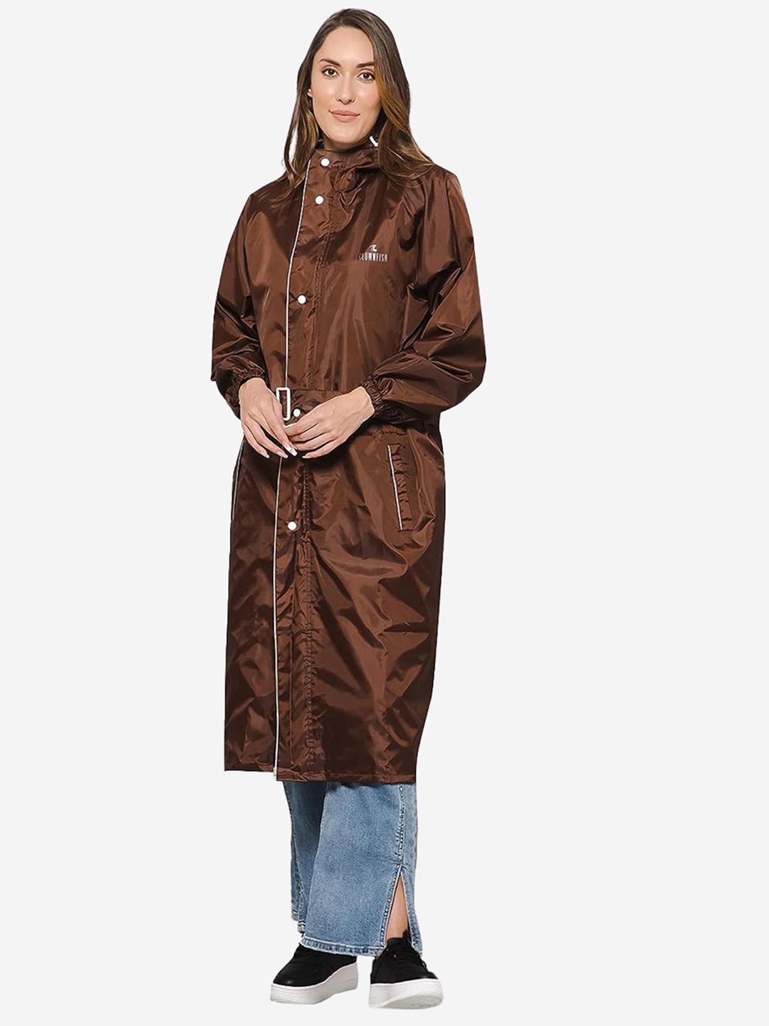 

THE CLOWNFISH Drizzle Diva Waterproof Reversible Long Raincoat, Brown