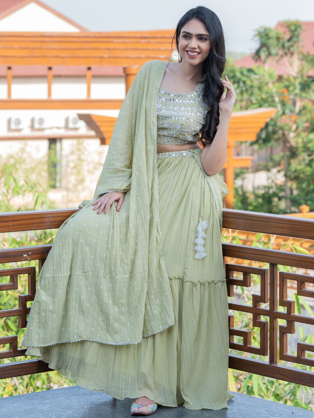 

HOUSE OF JAMOTI Embroidered Ready to Wear Lehenga & Blouse With Dupatta, Green