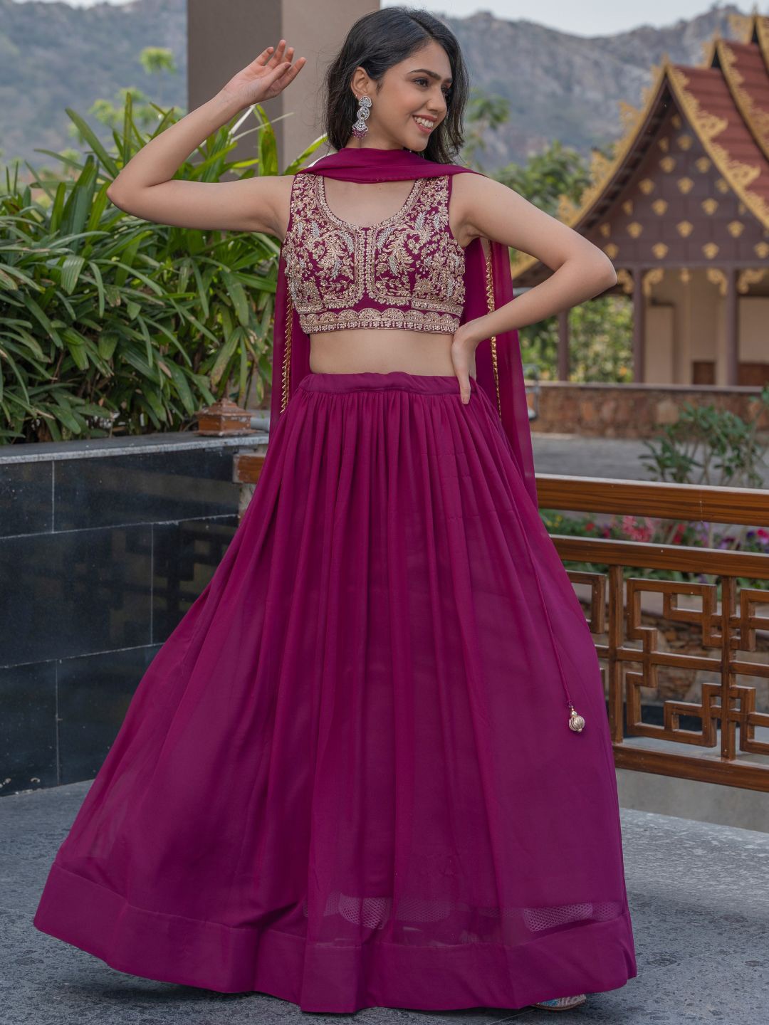 

HOUSE OF JAMOTI Embroidered Ready to Wear Lehenga & Blouse With Dupatta, Burgundy