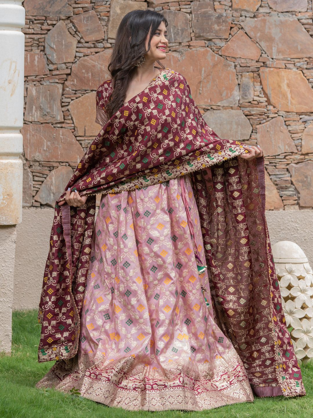 

HOUSE OF JAMOTI Ready to Wear Lehenga & Blouse With Dupatta, Maroon