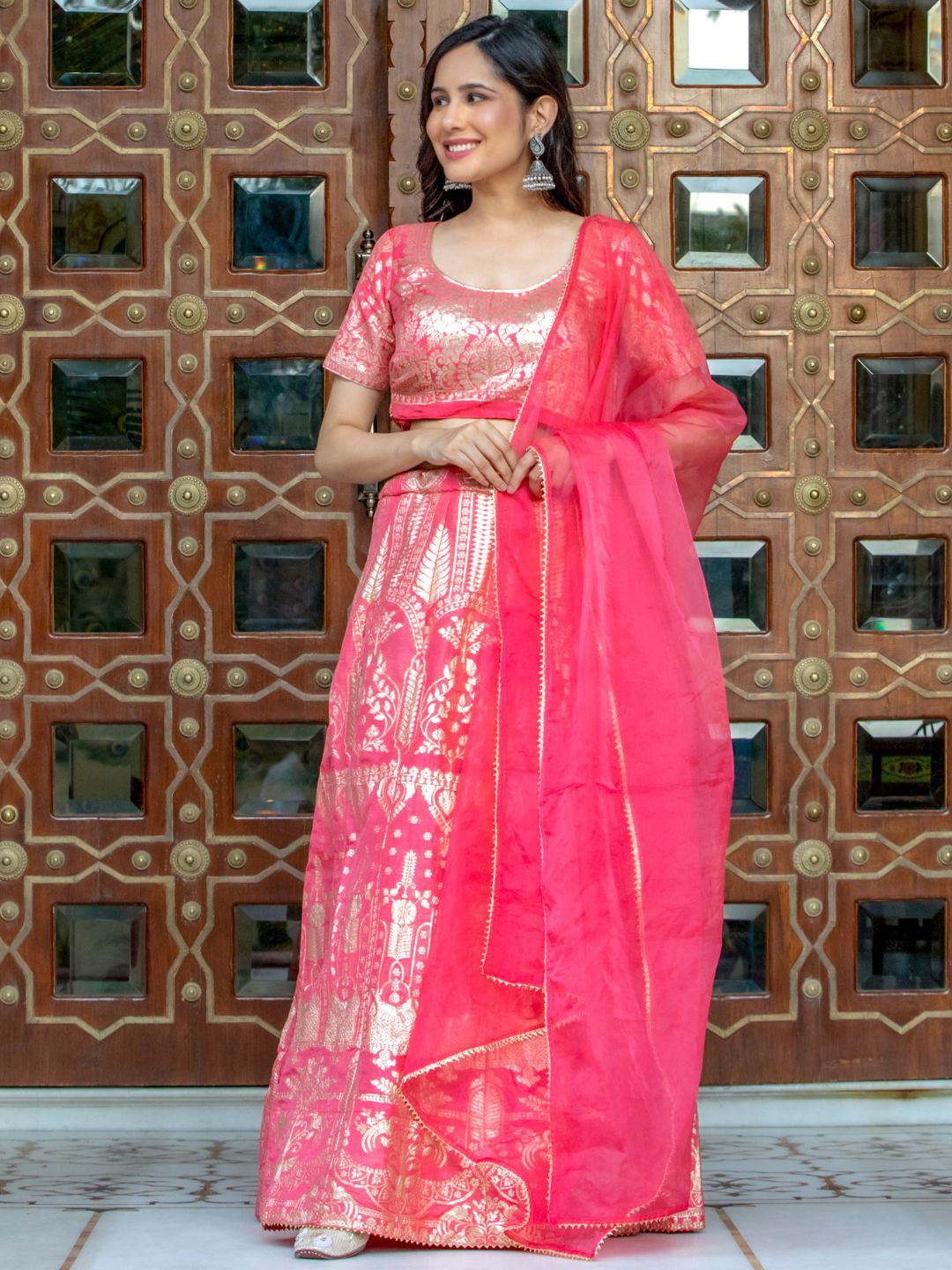 

HOUSE OF JAMOTI Pink & Gold-Toned Printed Ready to Wear Lehenga & Blouse With Dupatta