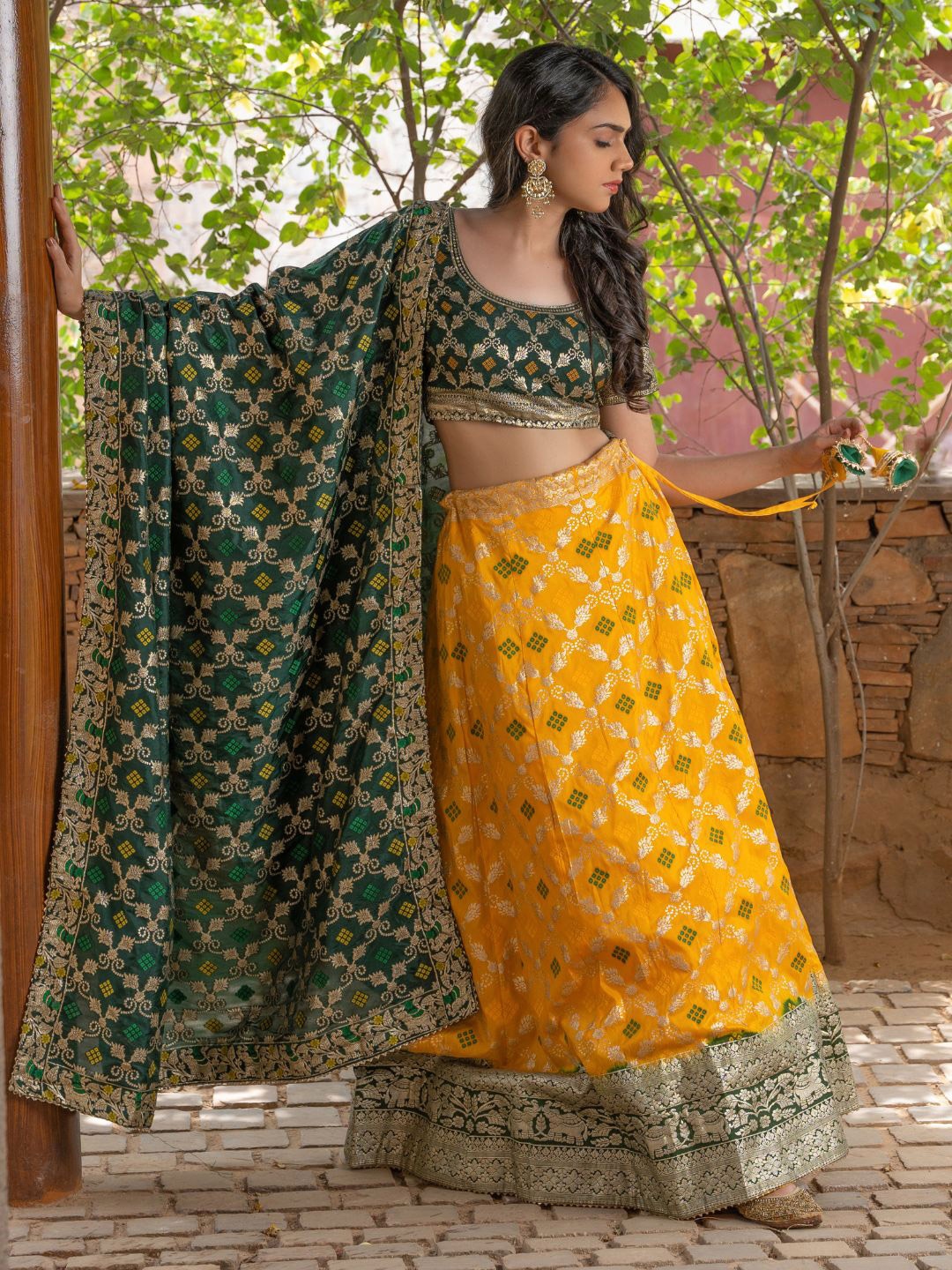 

HOUSE OF JAMOTI Printed Ready to Wear Lehenga & Blouse With Dupatta, Green