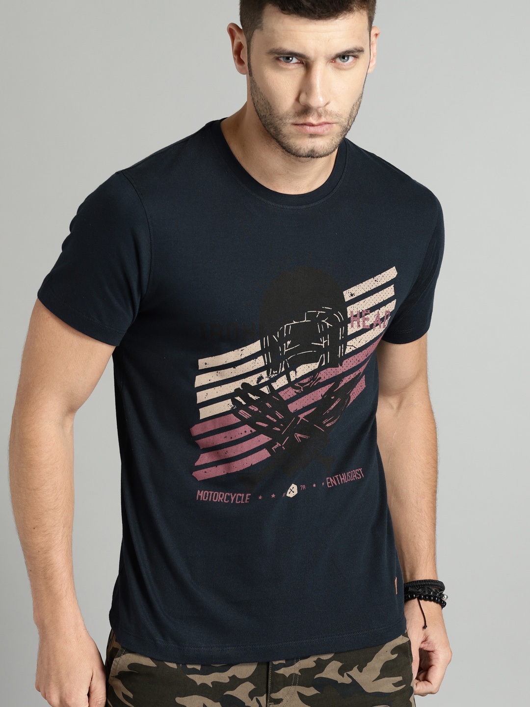 

Roadster Time Travlr Men Navy Blue Printed Round Neck Pure Cotton T-shirt