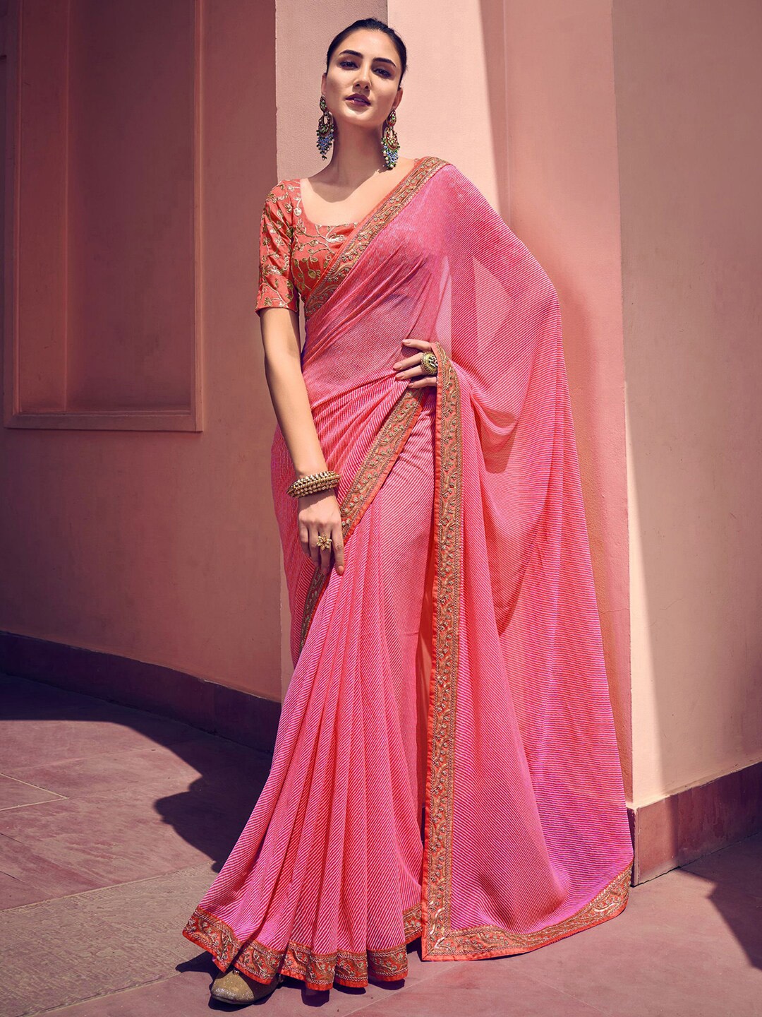 

Mitera Pink & Gold-Toned Sequinned Poly Georgette Leheriya Saree