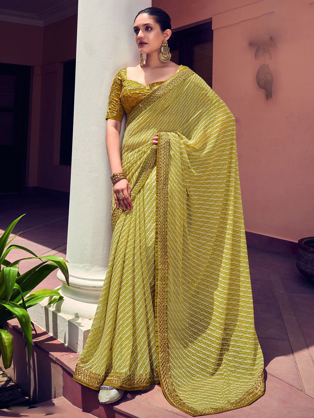 

Mitera Green Leheriya Printed Embroidered Saree