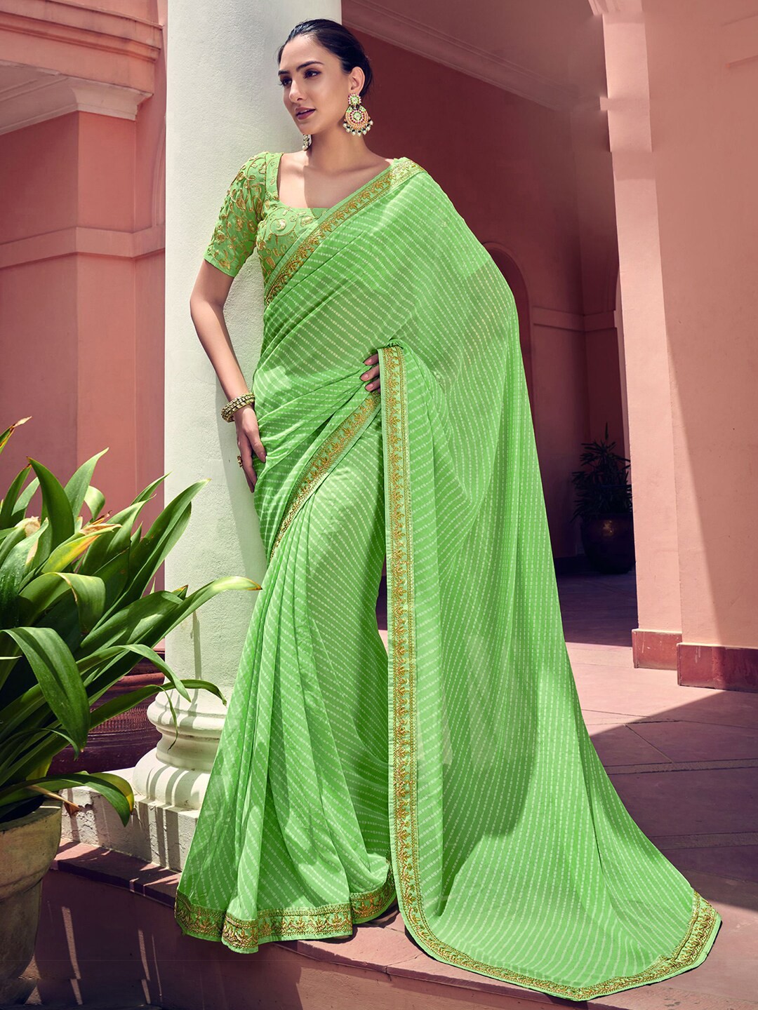 

Mitera Green & White Leheriya Printed Beads & Stones Saree