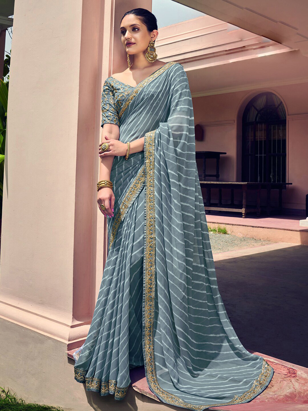 

Mitera Grey & White Embroidered Poly Georgette Leheriya Saree